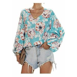 Fancyqube Woman's V Neck Drap Bell‎ Sleeve Blouse Floral Printed Bohemian Sz L